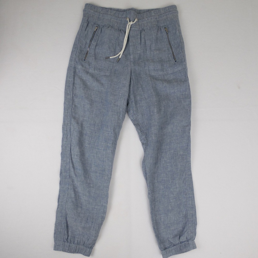 Athleta Blue Linen Blend‎ Drawstring Zip Pocket Jogger Pants Women Size 10